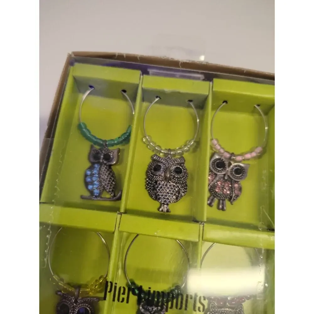 Pier 1 Imports Owl Beaded Wine Glass Drink Charms Set of 6